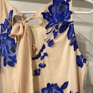 Beige by Eci Nude Blue Embroidered Floral Dress L